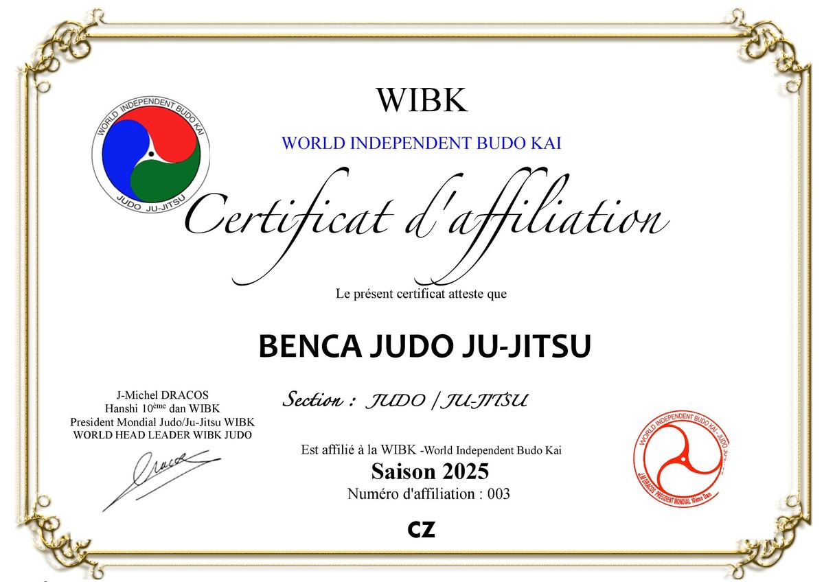 Certifikát WIBK - Benca Judo Ju-jitsu, sezóna 2025